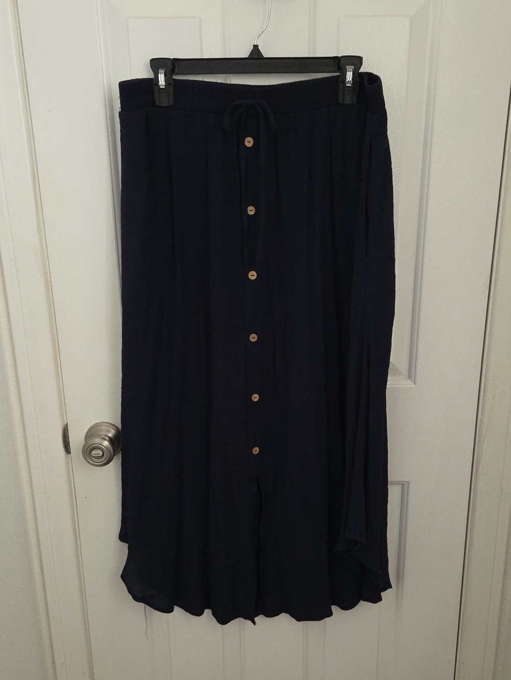 HALARA Navy blue Button-Front Midi Skirt with Drawstring Waist